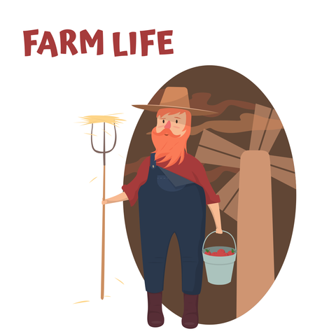 Farmer Holding a Pitchfork and Bucket Farm Life Template